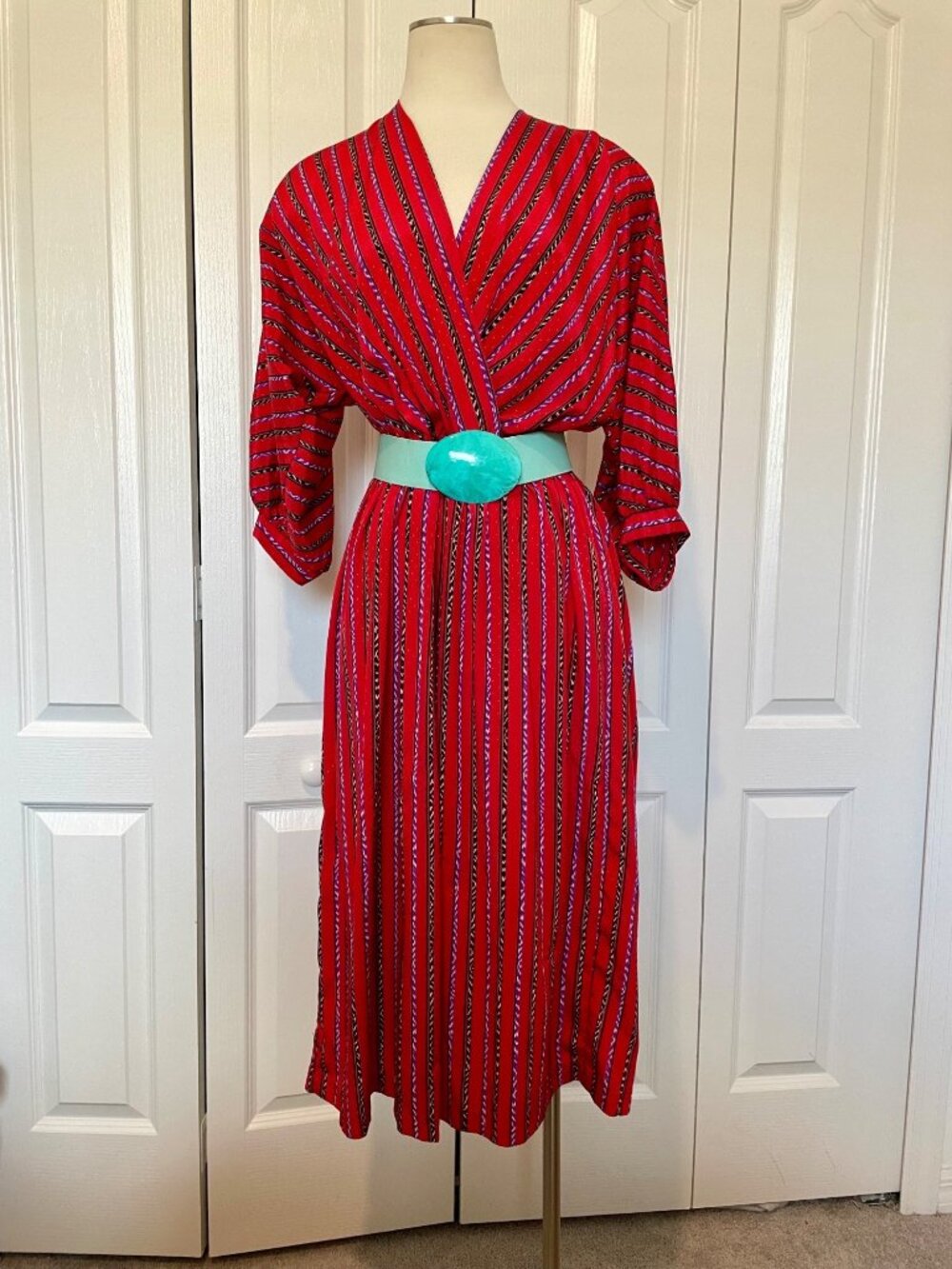 Vintage 1980s Virgo II Midi Dress Vibrant Red Multi-Colored Vertical Stripes 10
